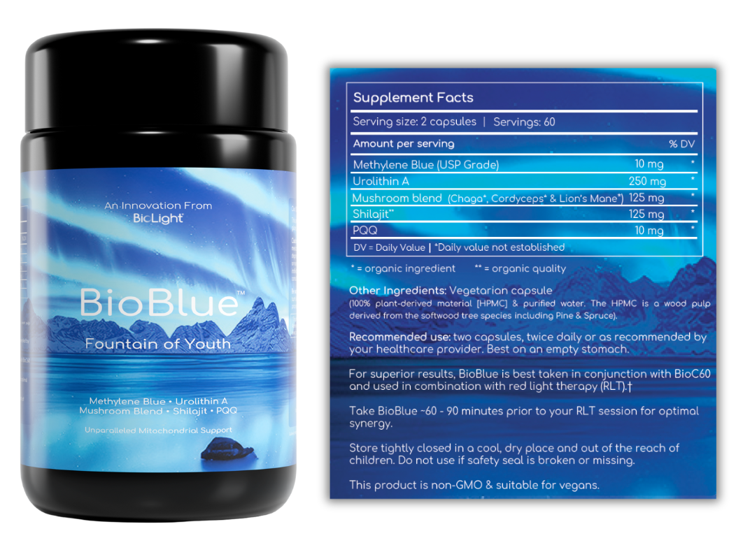 BioBlue Fountain of Youth Supplement | Mitochondrial Support with Methylene Blue & Mushrooms | Red Light Therapy Enhancer