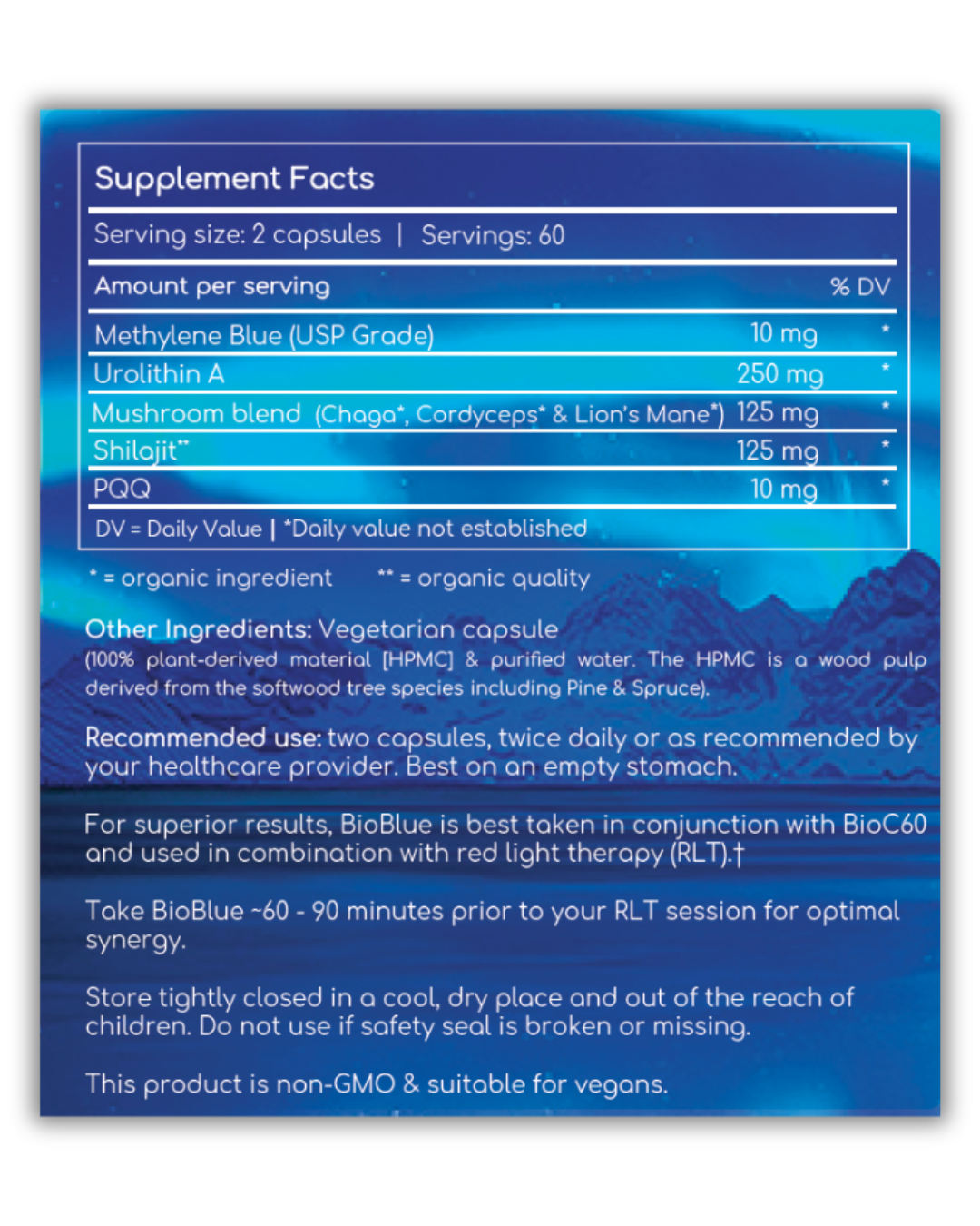 BioBlue Fountain of Youth Supplement | Mitochondrial Support with Methylene Blue & Mushrooms | Red Light Therapy Enhancer