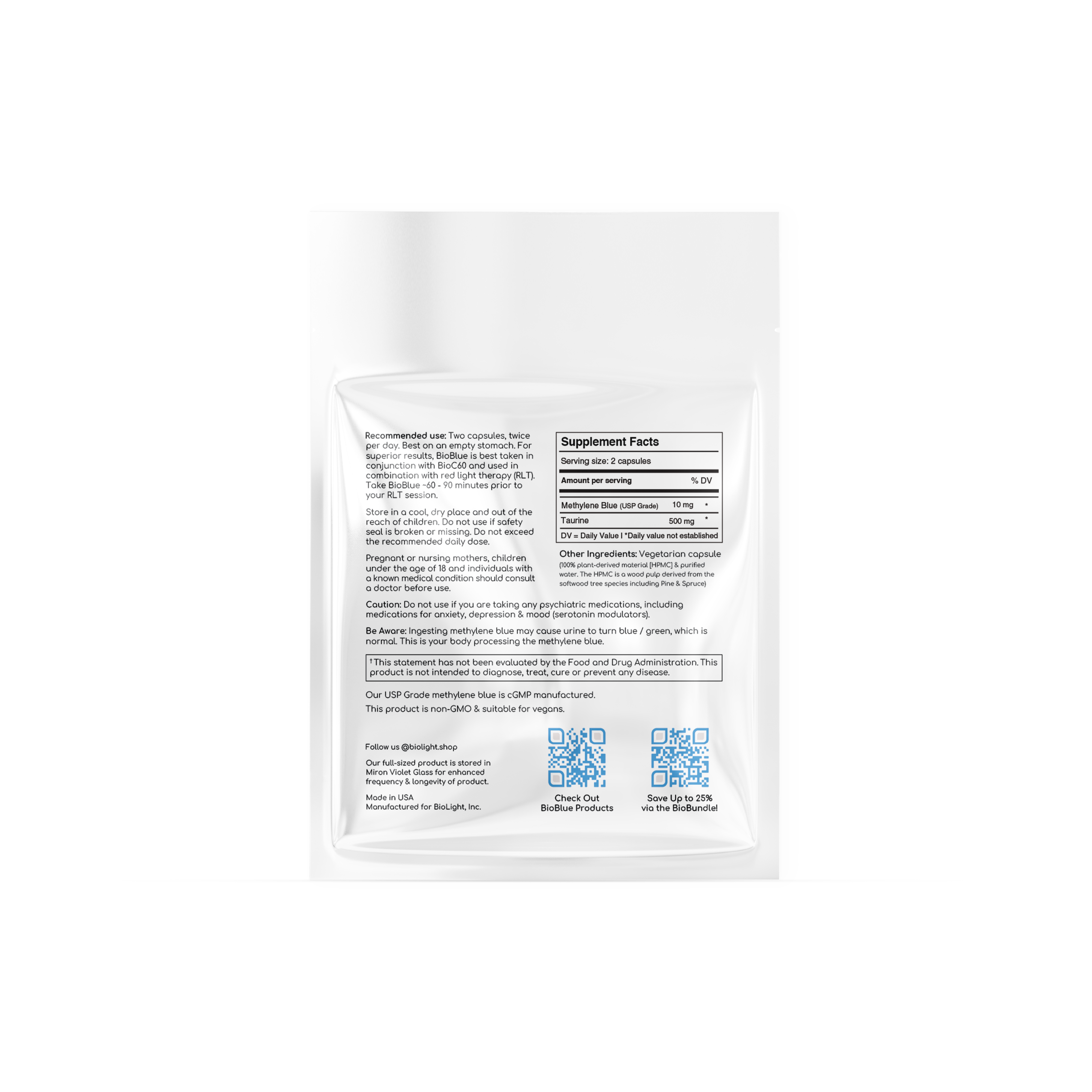 BioBlue Capsules Sample | Methylene Blue Supplement - Support Brain Health & Mitochondrial Function | Red Light Therapy Synergist - USP Grade