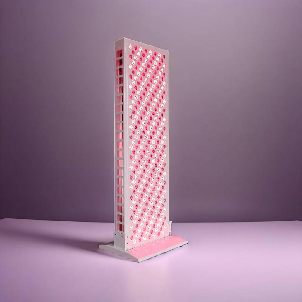 ReStore: Full-Body Red Light Therapy Panel with Dual LED Technology displayed on a stand.