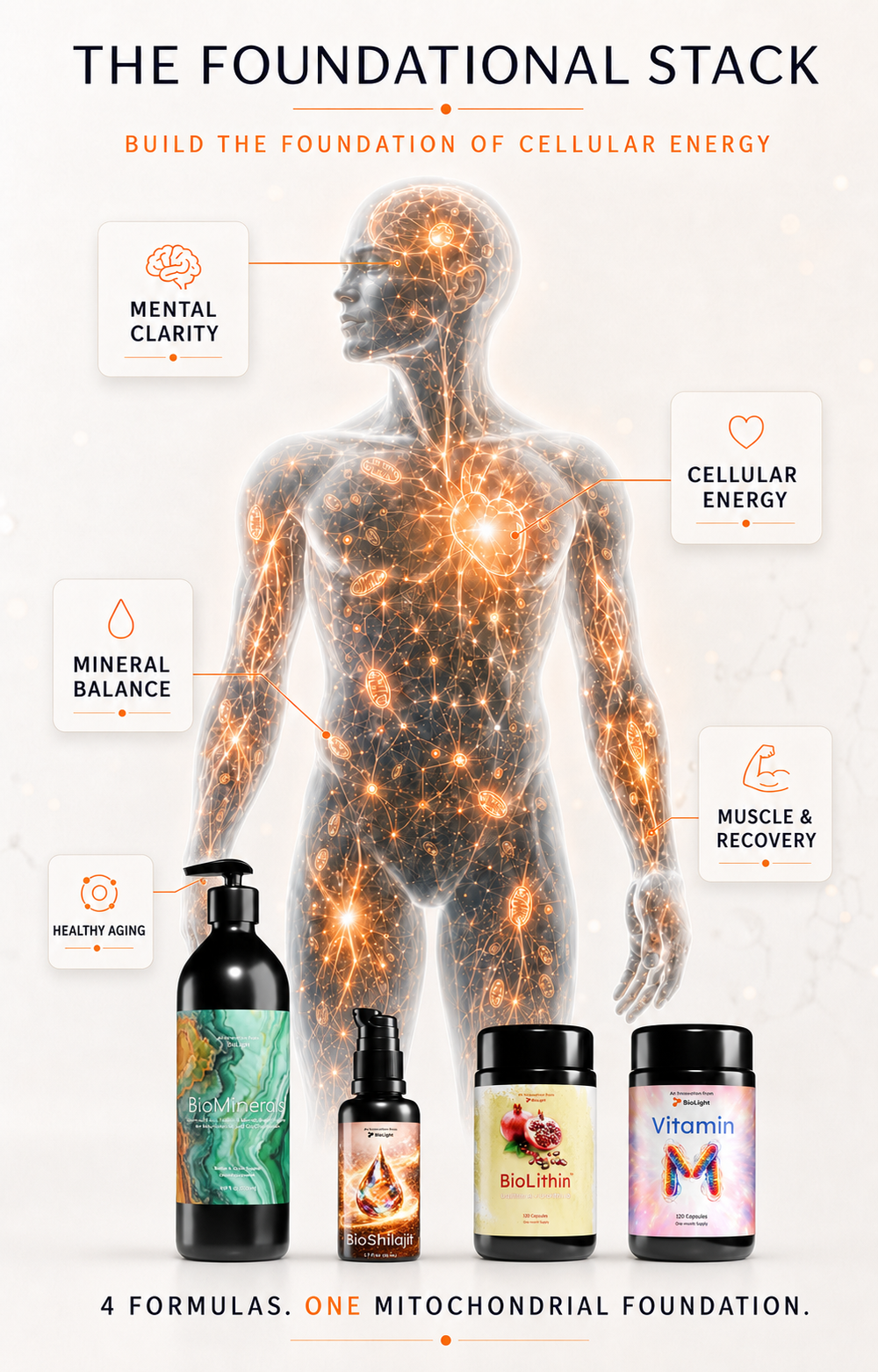 BioLight Foundational Stack with Vitamin M, BioMinerals, BioShilajit, and BioLithin