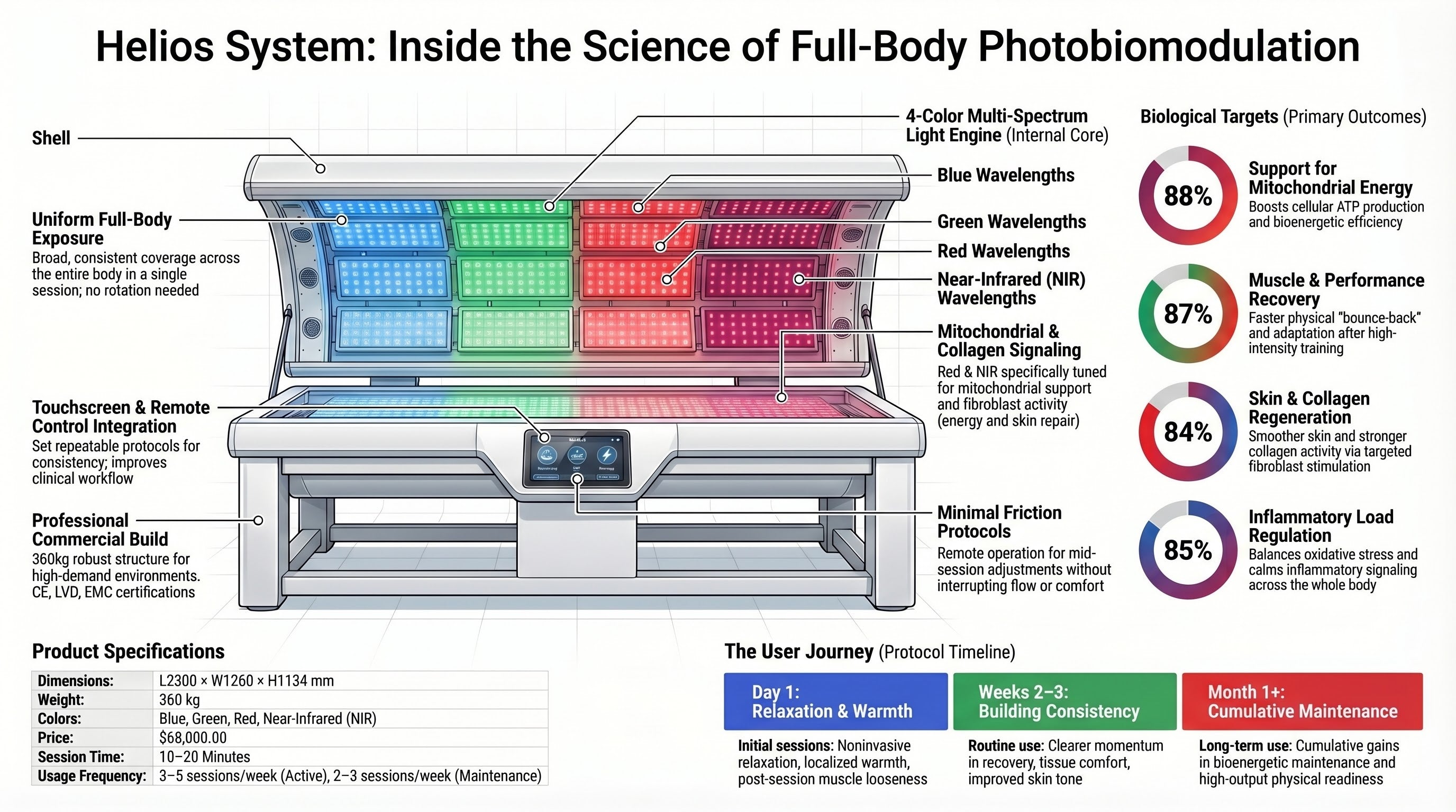 BioLight Helios System full-body photobiomodulation infographic — wavelengths, specs, and biological targets