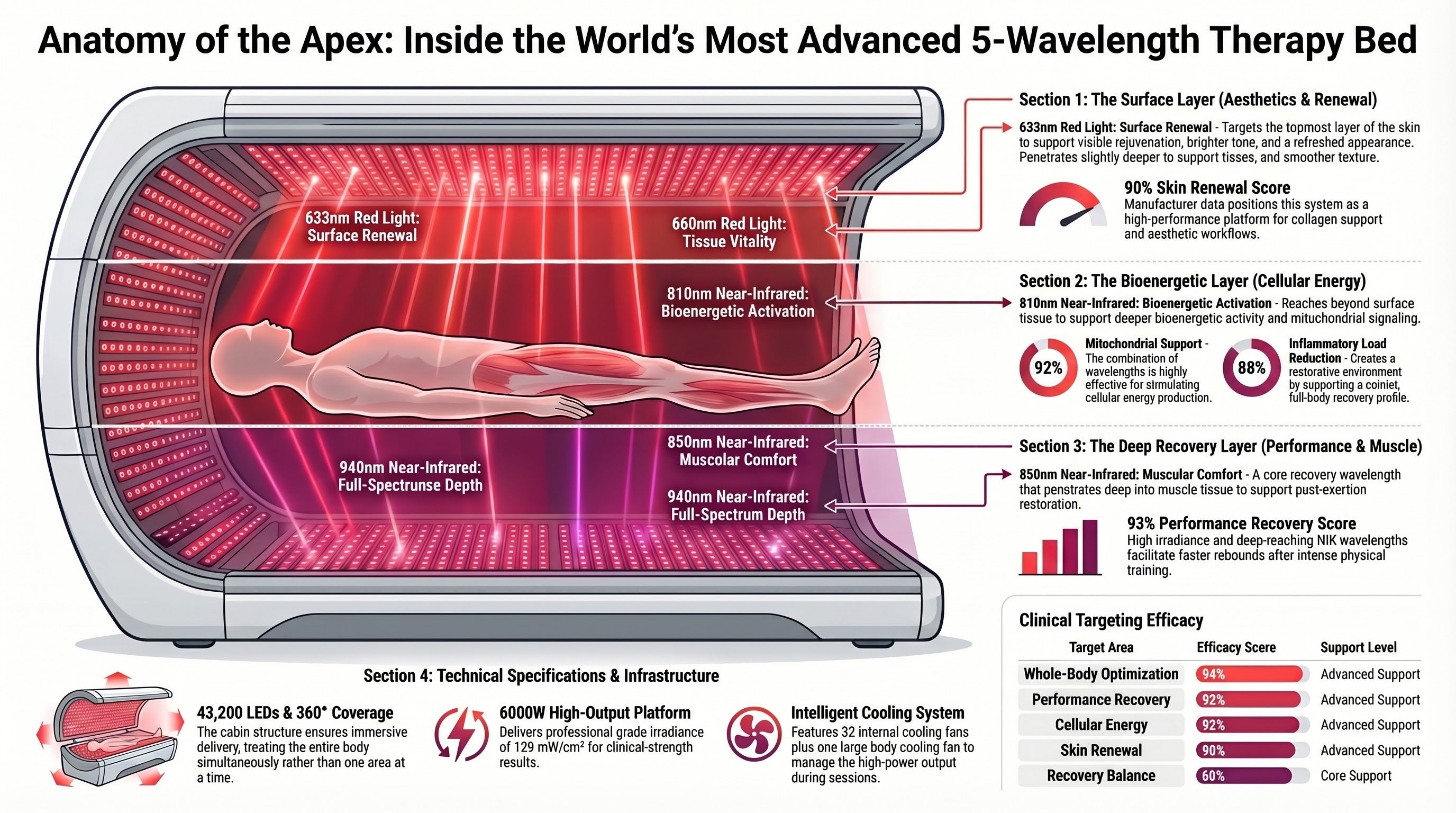 BioLight Apex System anatomy infographic — 5 wavelengths, 43,200 LEDs, clinical targeting